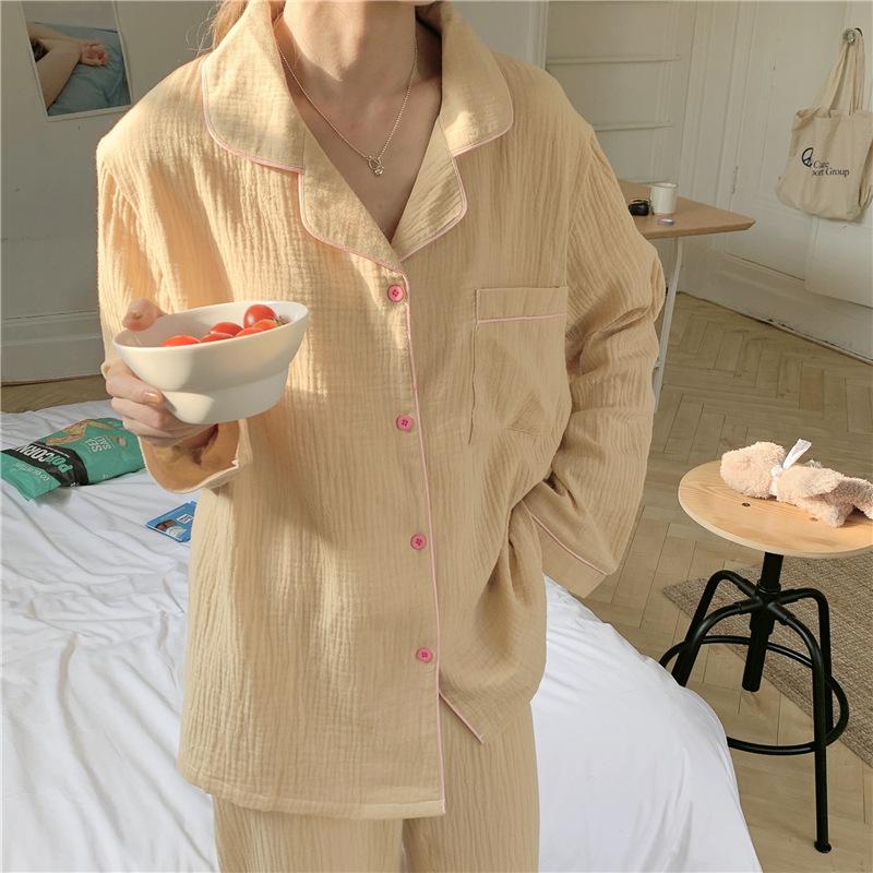 Хлопковые пижамы из пряжи, женские французские винтажные элегантные пижамы, простой кардиган с длинными рукавами, брюки, осенний стиль принцессы, домашняя одежда, домашний костюм из двух предметов