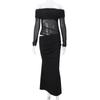 Women's Spring Sexy Pure Lust One Shoulder Mesh Splicing Long Sleeve Hollow Dresses