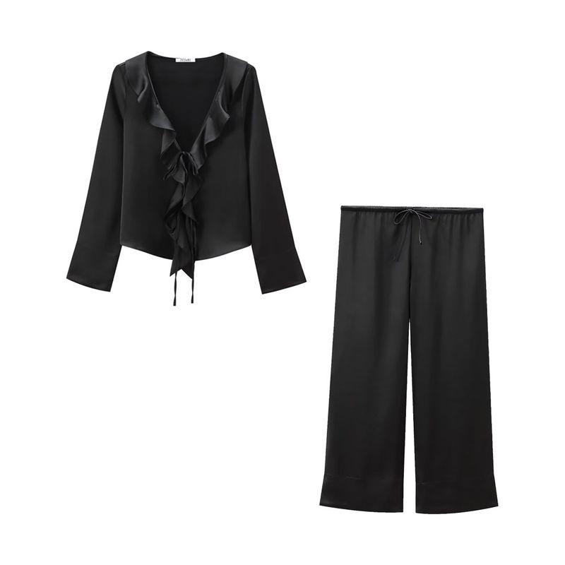 Kaslead New Arrival Women's Fashion Style Silk Satin Textured Shirt Casual Pants 3067104 3152515