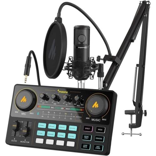 MAONO Audio Mixer, Audio Interface, Mixer, Podcast Stereo Mixer with 3.5mm Audio Interface, Portable and Compact Streaming Equipment with 25mm Large C