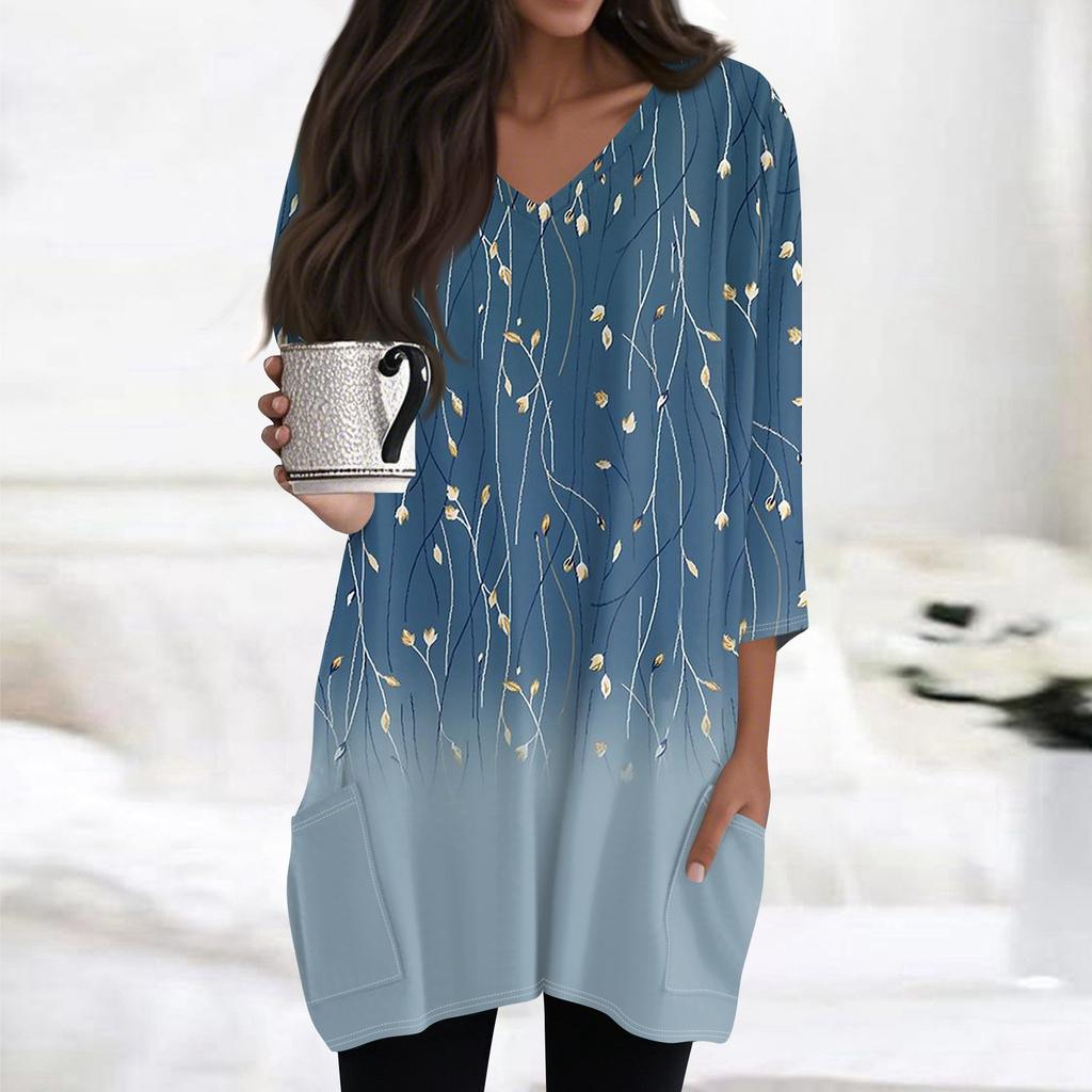 Womens Tops V-neck 3/4 Sleeve Blouses Casual Mid-length Shirts Fashion Print Tunic Tops With Pockets