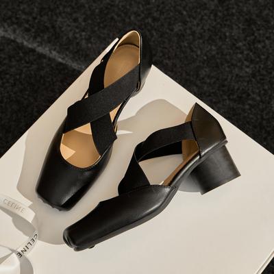 Черные балетки кожаные туфли-одинарки женские винтажные с перекрестным ремешком на квадратном каблуке балетки Мэри Джейн с носком «пятачок»