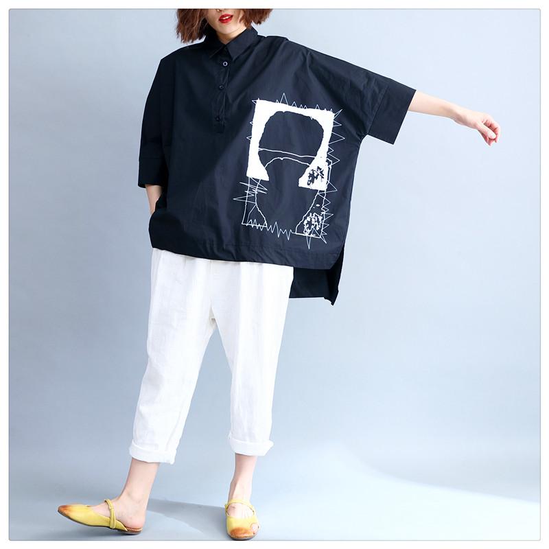 DIMANAF Женская одежда Повседневная женская рубашка Блузка Черная свободная принтованная футболка Туника Хлопковая свободная футболка на пуговицах 2024 Весна Лето