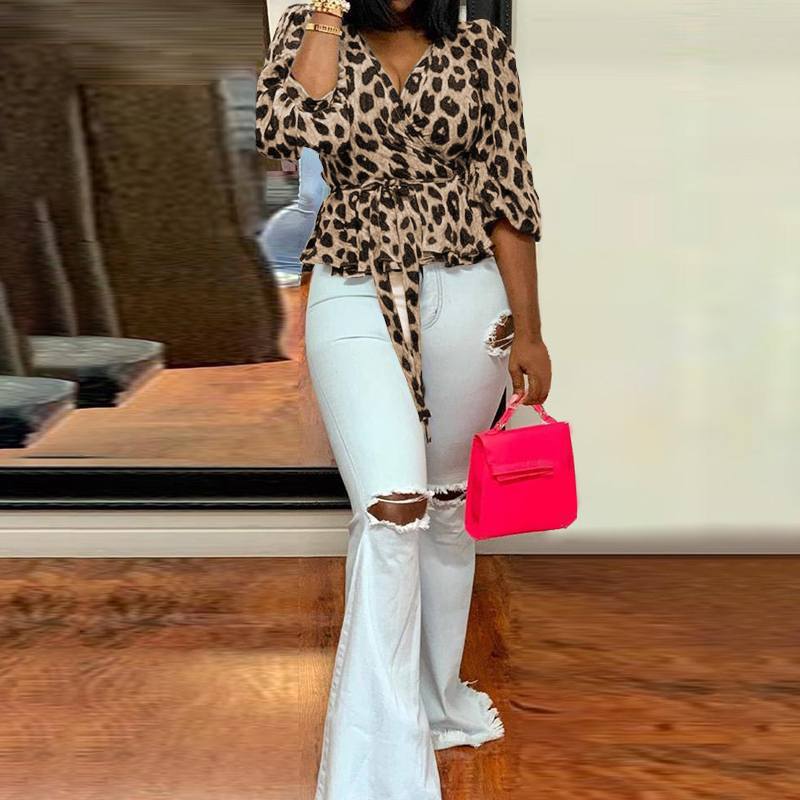 Women's Plus Size Personalised V-Neck Long Sleeve Loose Leopard Print Top