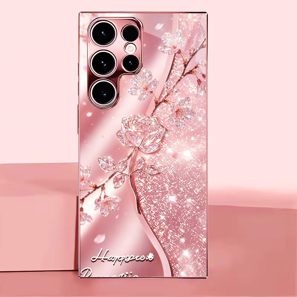 Pink Glitter Crystal Rose phone case s26 ultra case quad lock glass for Samsung Galaxy S26 S25 S24 S23 S22 FE Ultra Plus