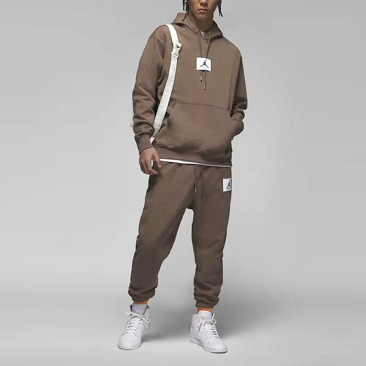 Jordan Solid Color Logo Patch Drawstring Hoodie With Fleece Lining Long Sleeve Men Tops Light-Brown DQ7339-274