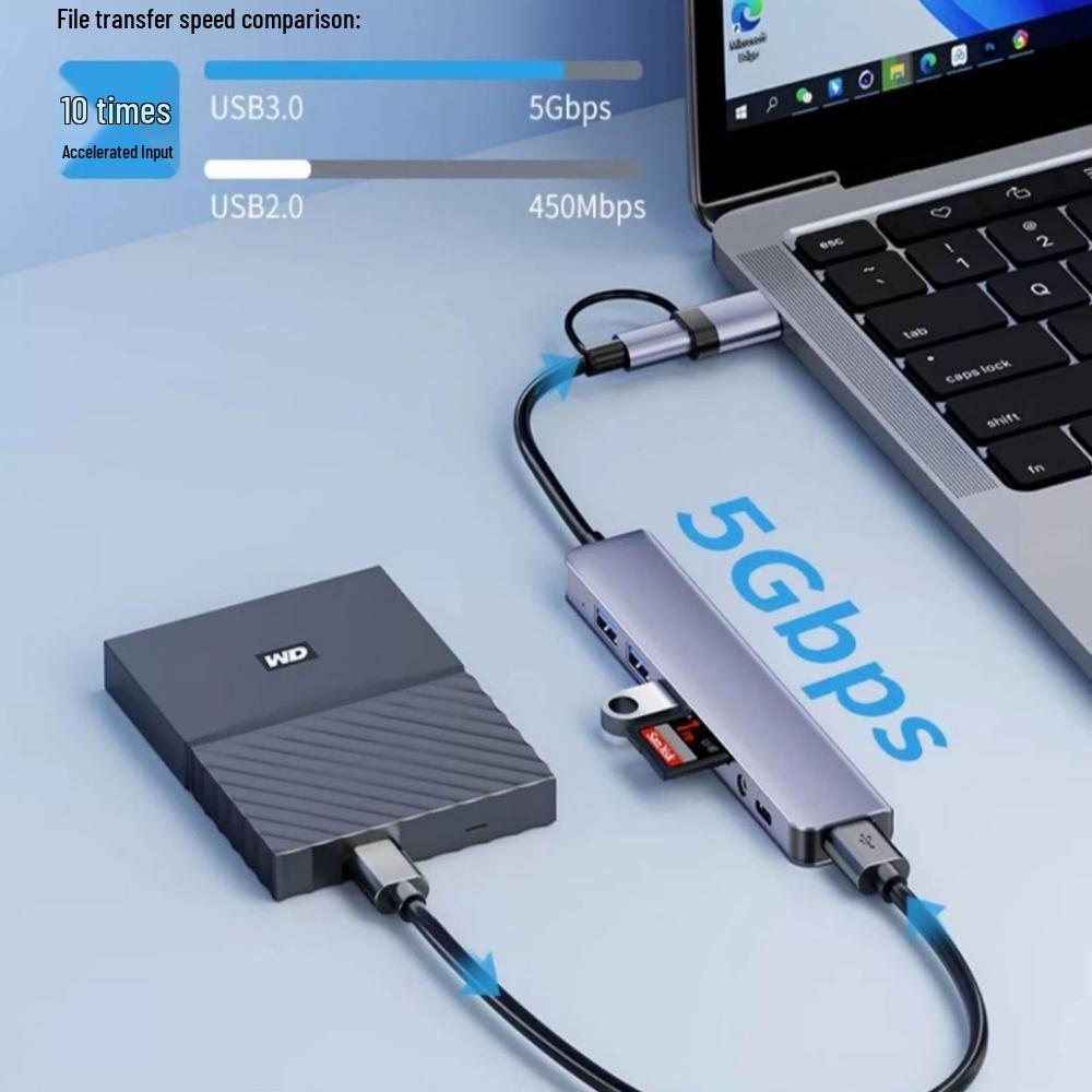 Высокоскоростной хаб расширения для ноутбука с двумя портами USB 3.0 и USB-C