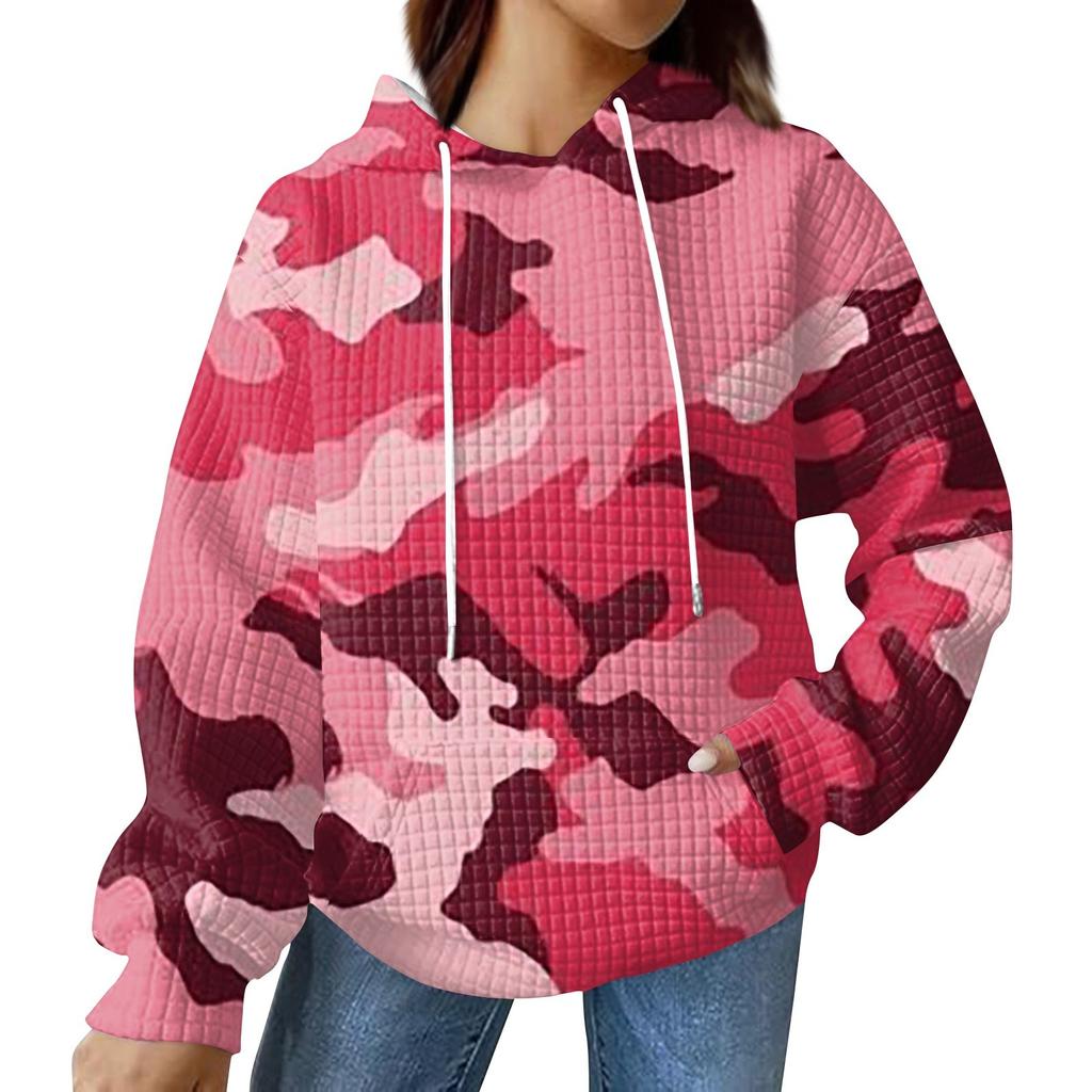 Women's Fashionable Loose Fitting Hooded Pullover, Long Sleeved Sportswear, Camouflage Printed Top, Daily Hoodie
