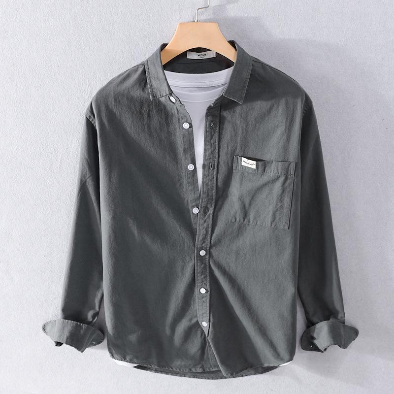 Весенне-летняя мужская рубашка с длинным рукавом в корейском стиле, молодежная повседневная рубашка из чистого хлопка для мужчин, однотонная рубашка с воротником-лацканами, пуговицами и карманом