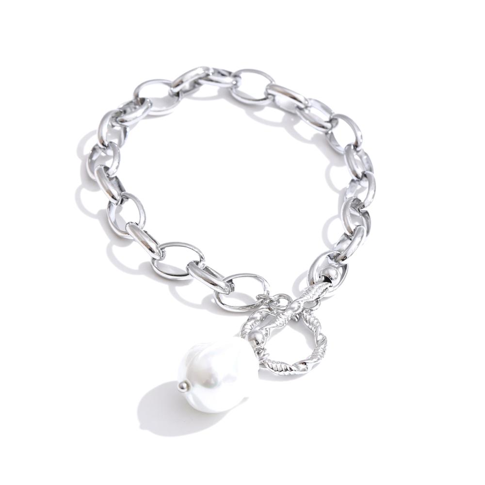 Yhpup Stainless Steel Baroque Imitation Pearls Pendant Necklace Bracelet Bangle Toggle-Clasps Fashion High Quality Chain Jewelry