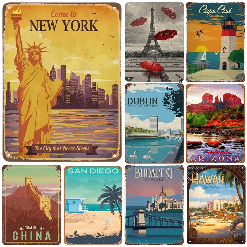 New York Paris Great Wall World Famous Building Metal Tin Signs Posters Plate Wall Decor for Bars Man Cave Cafe Clubs Home