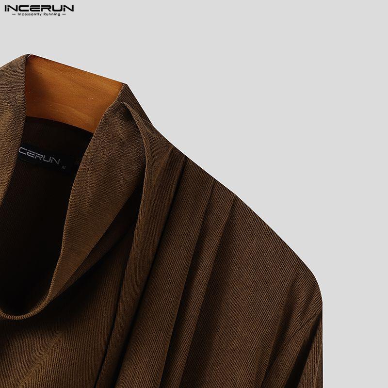 INCERUN Autumn Men Swing Collar Long Sleeve Irregular Casual Loose Ribbed Tops T-shirts