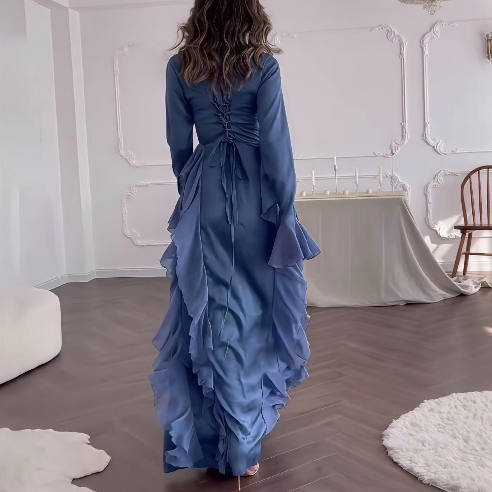 Women's Flare Sleeve Ruffle Dress Muslim Party Gowns Dubai Abaya Turkey Robe Elegant Female Robe Islamic Gown Autumn Fashion