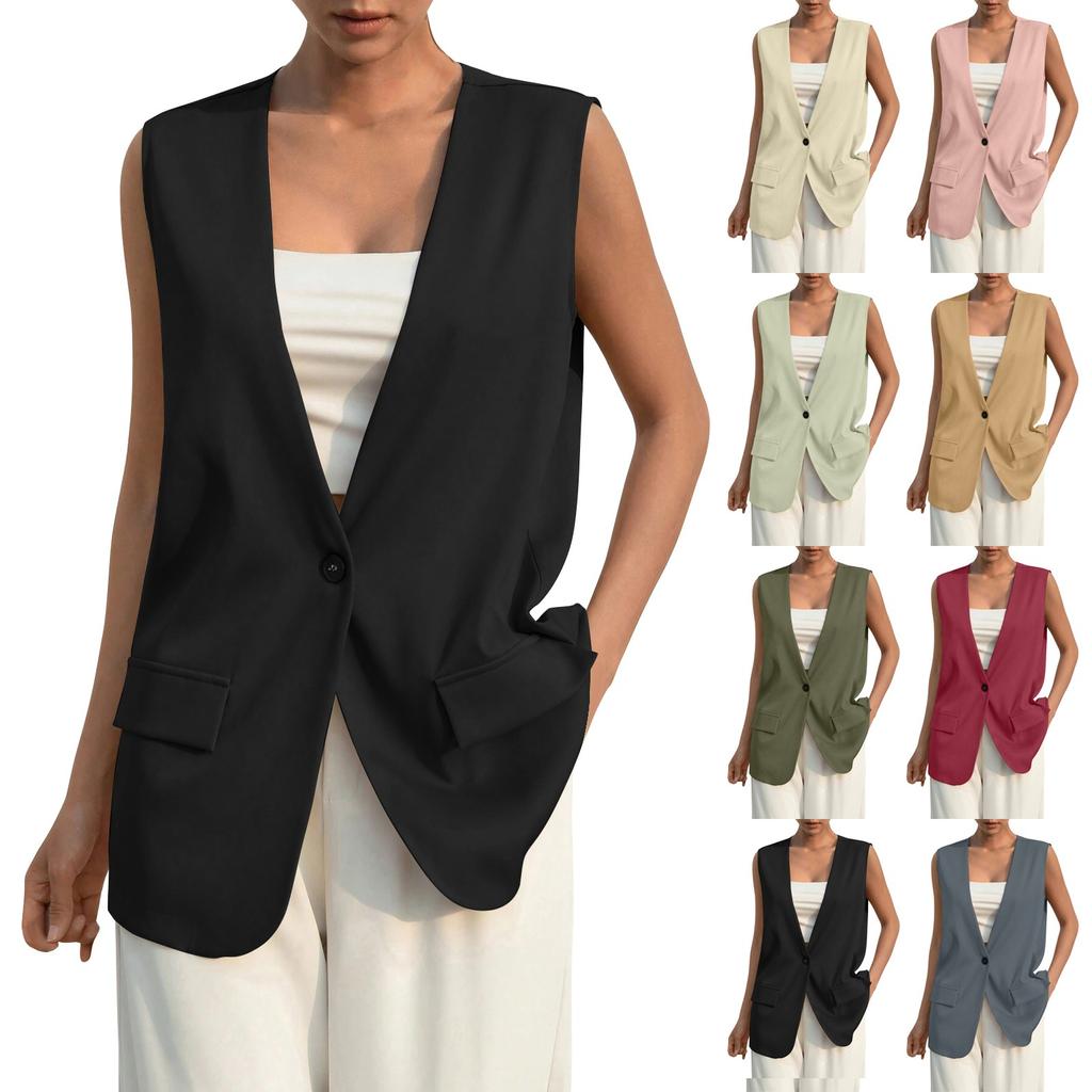 Ladies Summer Suit Jacket Work Casual Sleeveless V-Neck Single Button Solid Color Suit Vest