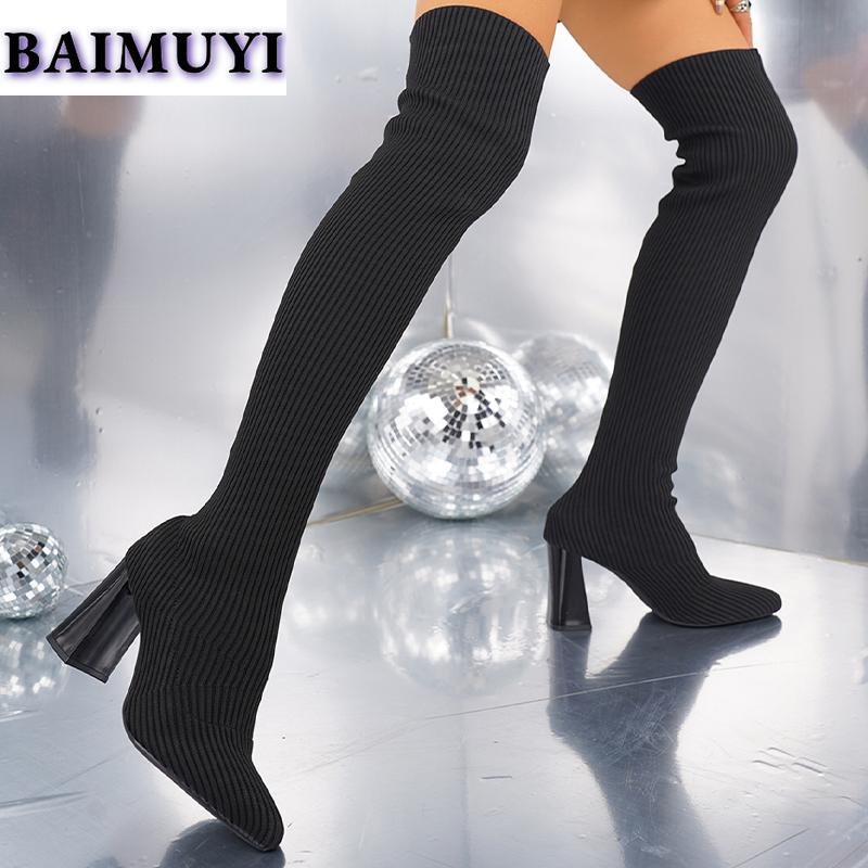 Вязаные женские сапоги-носки выше колена с острым носком на высоком каблуке 2025 года, сексуальные массивные дизайнерские сапоги-лодочки Chelsea Snow