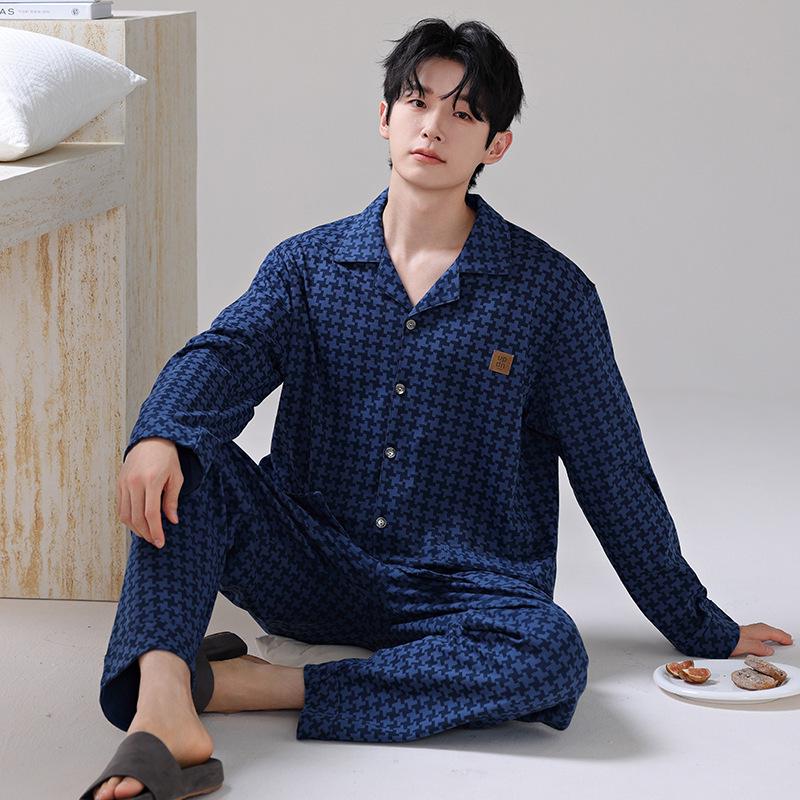 Мужской комплект пижамы с длинным рукавом из чистого хлопка с лацканами - Осенне-зимняя домашняя одежда из двух частей