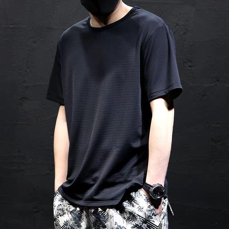 Men's Summer Mesh Ice Silk Quick-Dry Short-Sleeve Round Neck T-Shirt - Breathable, Loose Fit, Plus Size Sports Top
