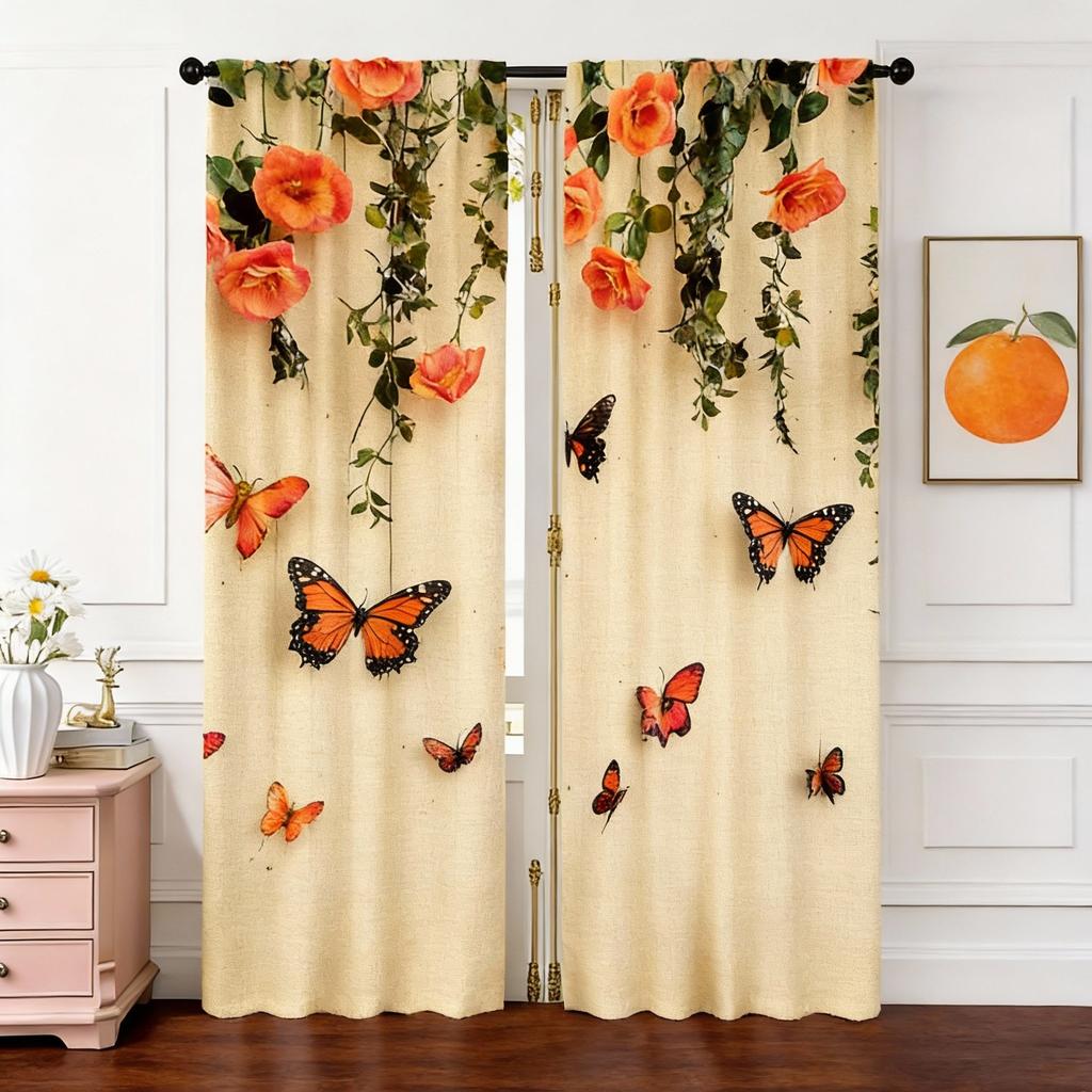 Butterfly and Rose Blackout Curtains 2pcs – Black Silhouette on Pink Floral Background, Romantic Bedroom or Living Room Decor
