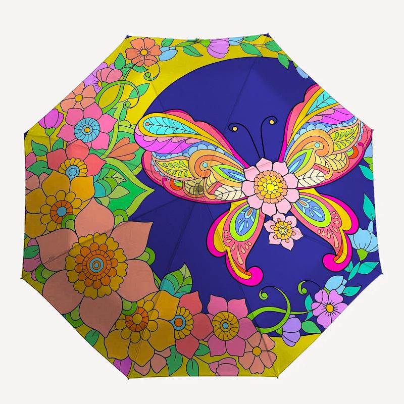 1pc Butterfly Flowers Mandala Artwork Umbrella with Plastic Handle,Vibrant Cartoon Pattern,Multi-functional UmbrellaPT059