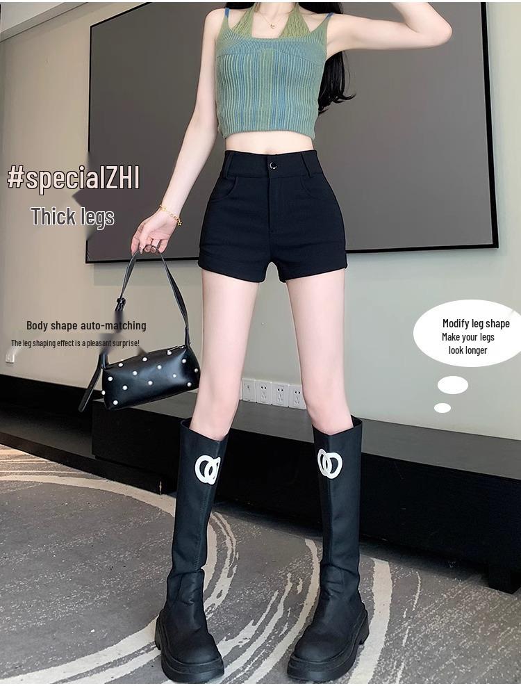 Черные шорты-костюм А-силуэта с высокой талией и эффектом похудения для женщин - Осенняя коллекция 2024