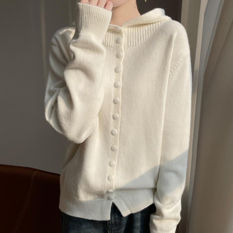 Women S Hooded Knit Cardigan Solid Color Loose Casual Outerwear