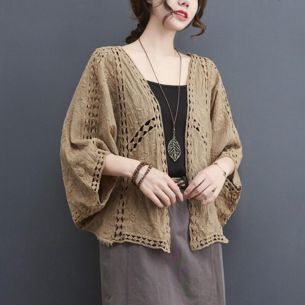 Loose Fit Cotton Embroidery Lace Cardigan Short Bat Sleeve Shawl 7 Split Sleeve Air Conditioner Sunscreen Cover Female Spring and Summer Clothes