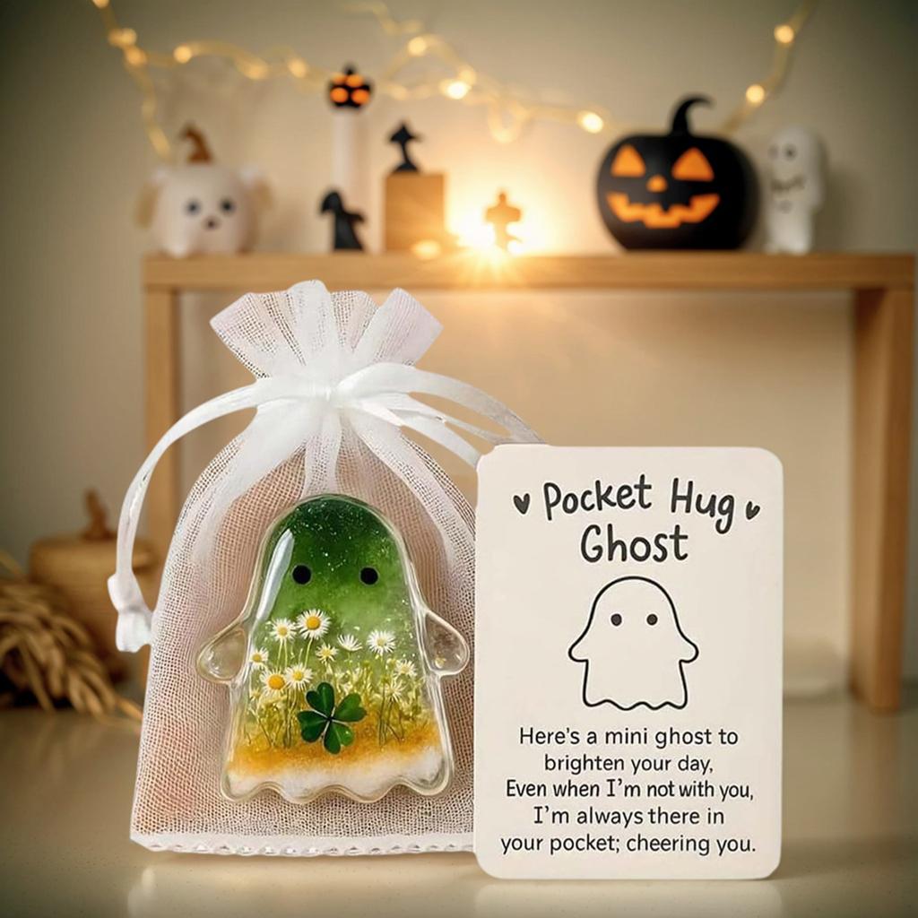 Pockets Hug Ghost Miniature Figurine with Motivational Card Figure Sculpture for Halloween Christmas Loved Ones and Friends