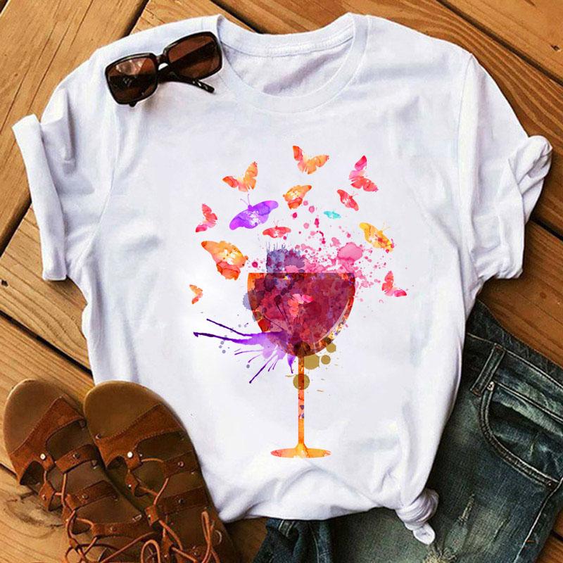 Women Black T Shirt Watercolor Butterfly Wine Glass Print T Shirt Female Funny Graphic Tee Shirts 90s Ladies Casual Tops Tee