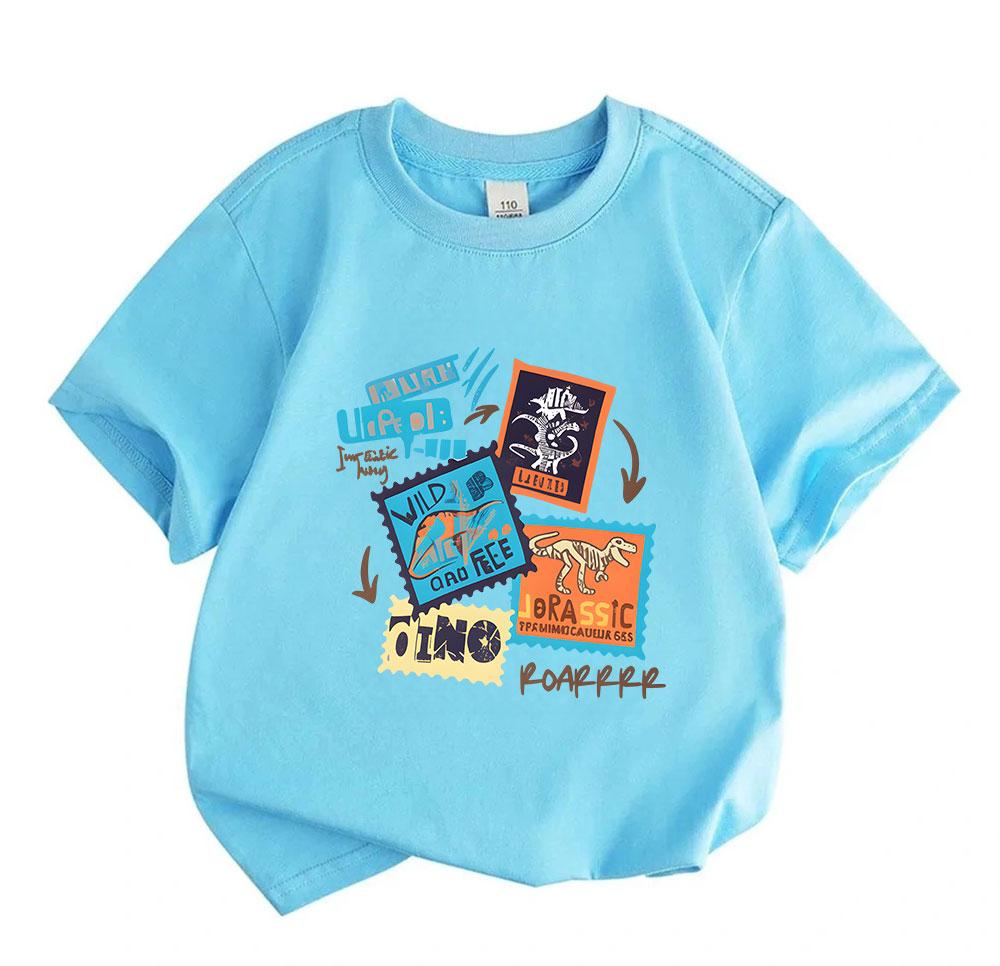 Kids Boys Girls 100% Cotton Crew Neck Short Sleeve T-Shirt, Casual Dinosaur Stamp Wild Free Jurassic Pattern Tee for Daily Wear