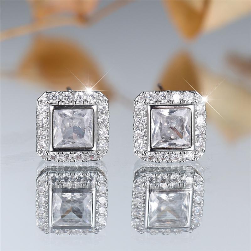 Brilliant Princess Cut White Zircon Stud Earrings for Women Silver Color Wedding Fine Jewelry Gifts
