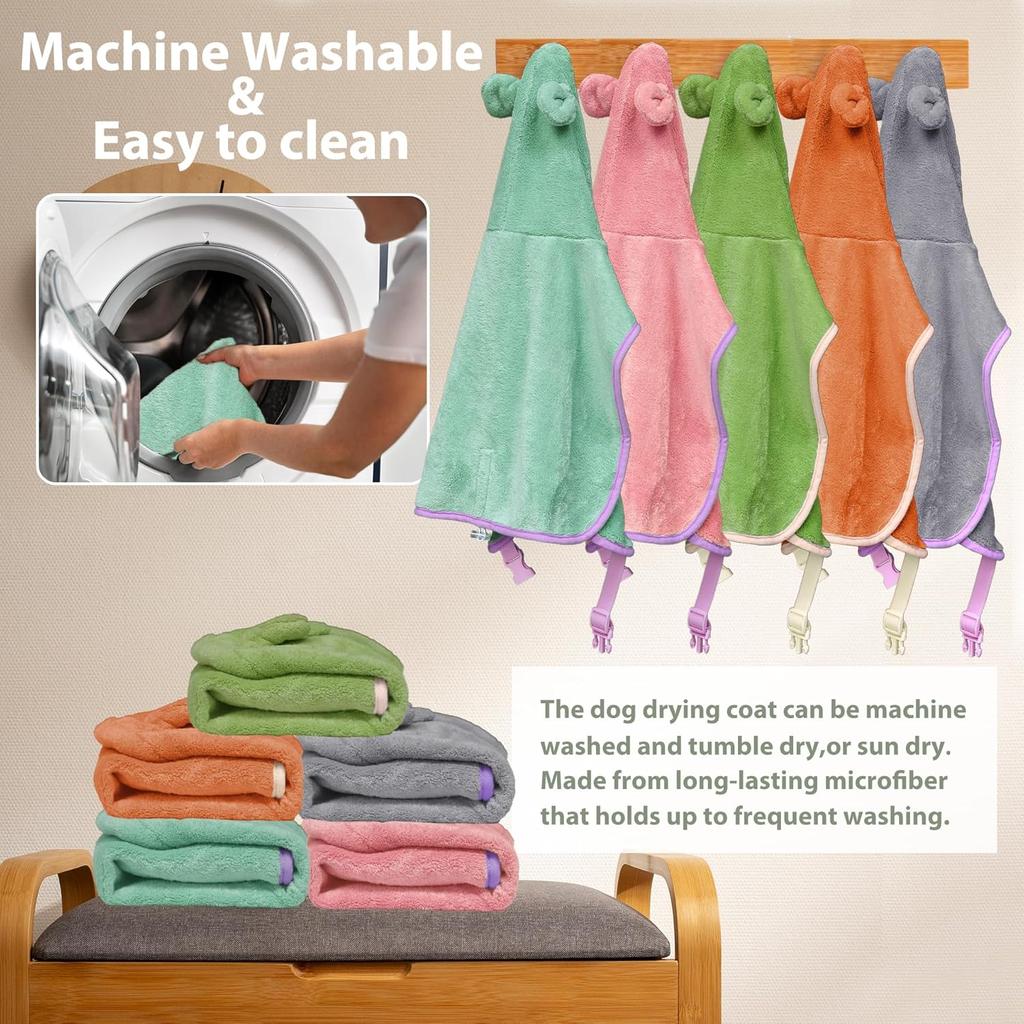 Dog Bathrobe Super Absorbent Towel Robe - Microfiber Bath Towels Fast Drying Coat for Dogs, Cute Dogs Clothes Adjustable Collar & Belly Strap Warm