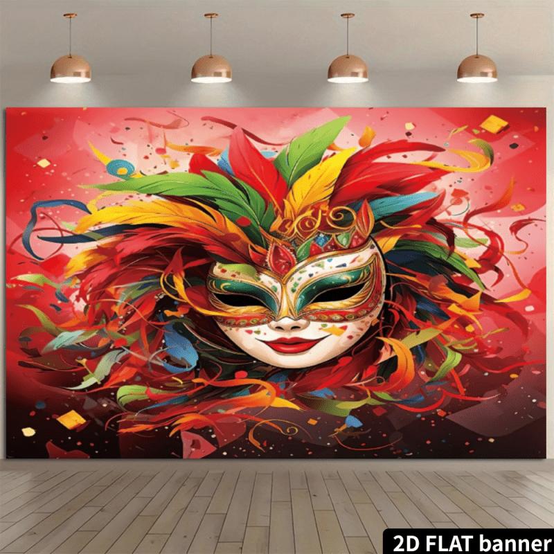 2D Flat Carnival Mask Celebration Tapestry with Colorful Feathers and Confetti for Festive Party Backdrop