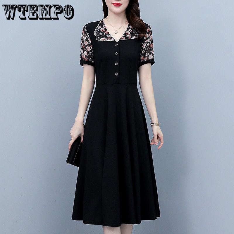 Женская мода шифоновые платья с короткими рукавами и цветочным принтом Элегантное платье трапециевидной формы средней длины