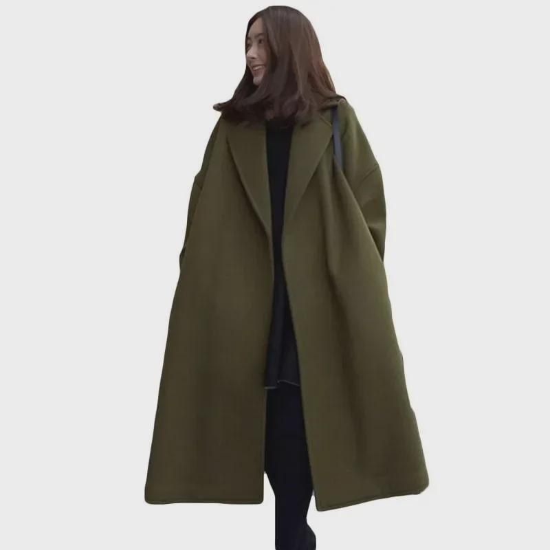 Korean Style Women's Wool Coat, Large Size, Loose Fit, Thickened for Autumn and Winter, Mid-Length.