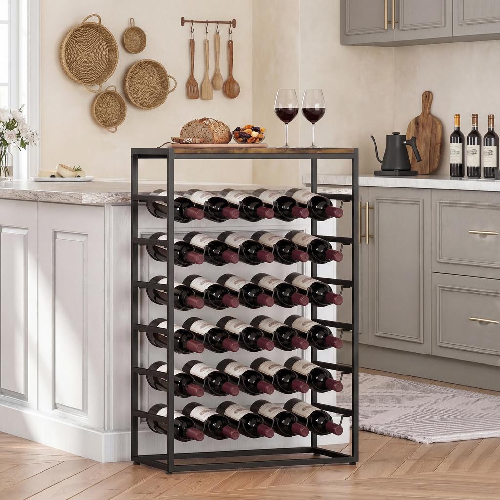 30 Bottles Wine Rack, 6 Tier Free Standing Wine Storage Holder with Wood Effect Tabletop, Rustic Brown
