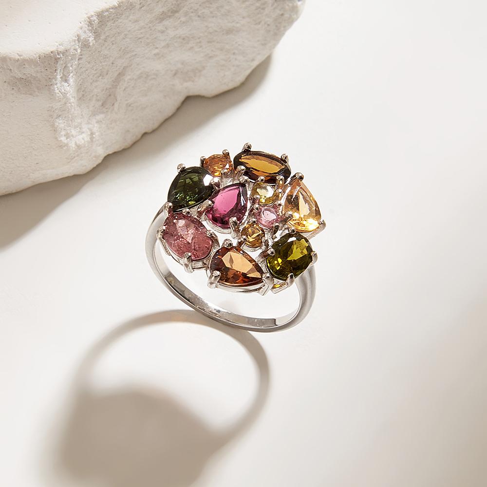 925 Sterling Silver Light Luxury Multi-colored Natural Tourmaline Ring Earrings Summer New Women Anniversary Party Wedding Gift