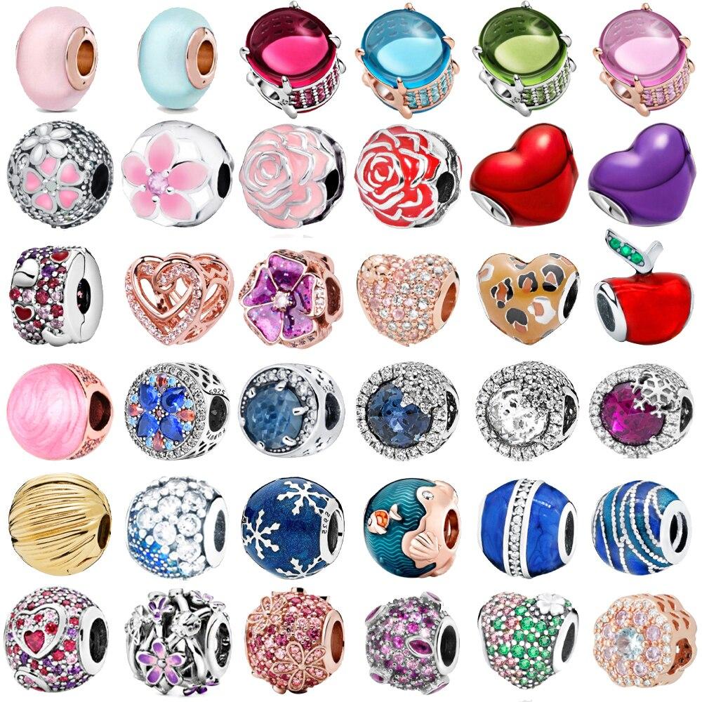 925 Sterling Silver Colorful Beads Transparent Shiny Row Clip Charm Fit Women Bracelet DIY Jewelry