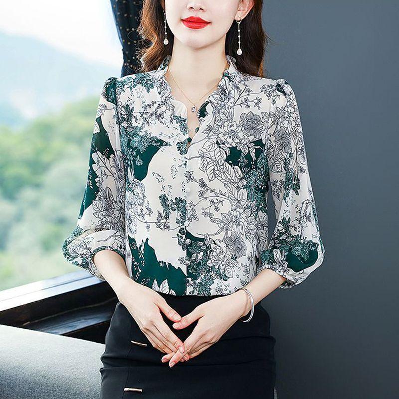 Шифоновая рубашка с цветочным принтом, женская весенне-летняя блузка с коротким рукавом и шикарным принтом, милая блузка с фонариком, Blusas