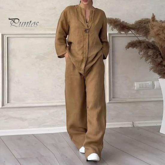 2 Pcs/Set Blouse Pants Set V Neck Long Sleeves Button Decor Top Wide Leg Loose Drawstring Elastic Waist Trousers OL Commute Casual Homewear Outfit