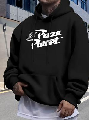 Casual Royal Blue "Pizza Planet" Graphic Fleece Hoodie - Polyester