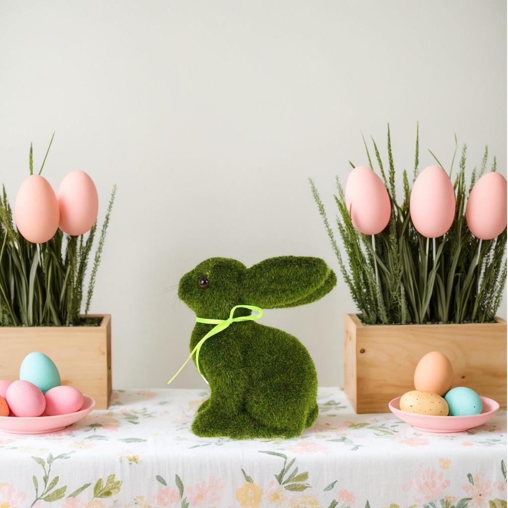 Bunny Figurine Moss Tabletop Sculpture Ornament Easter Decoration Bunny Statue Holiday Animal Statue For Spring Easter Home