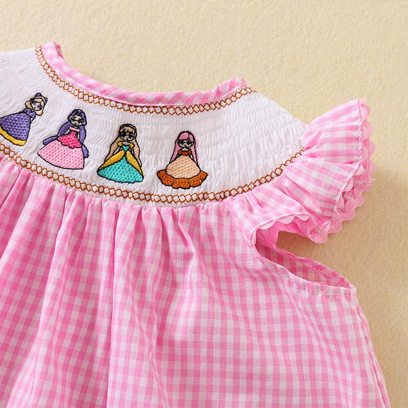 Summer Girls Pink Plaid Cotton Dress Cute Cartoon Embroidery Princess Breathable Casual Party Wear For Kids