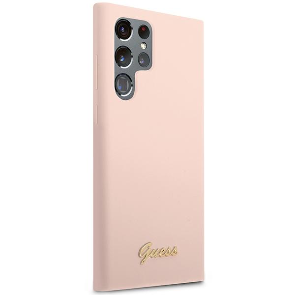 Чехол для Samsung Galaxy S23 Ultra Guess Силиконовый Script Металлический Логотип Розовый