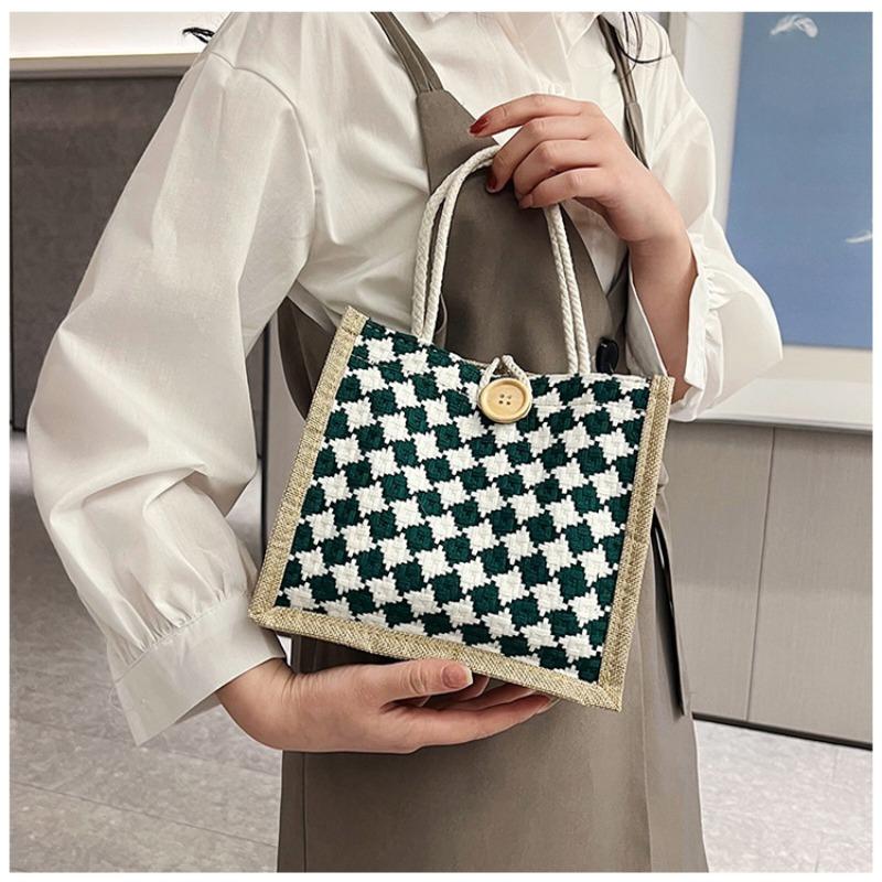 Клетчатая льняная холщовая сумка на одно плечо, сумка-тоут, классическая сумка для покупок, сумка-шоппинг в стиле ретро в стиле знаменитостей из Интернета, женская сумка в стиле ретро