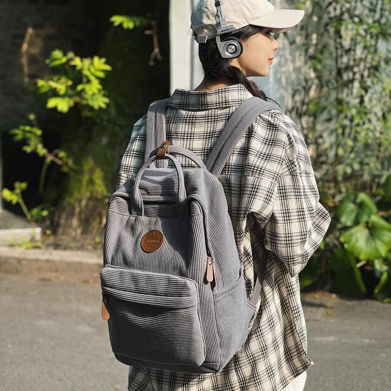 Women Corduroy Backpack Student School Bag Retro Class Book Backpack