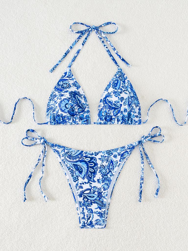 Женский купальник с цветочным бантом, сексуальная треугольная сумка, завязка сбоку, бикини с низкой талией, пляжная одежда, купальные костюмы