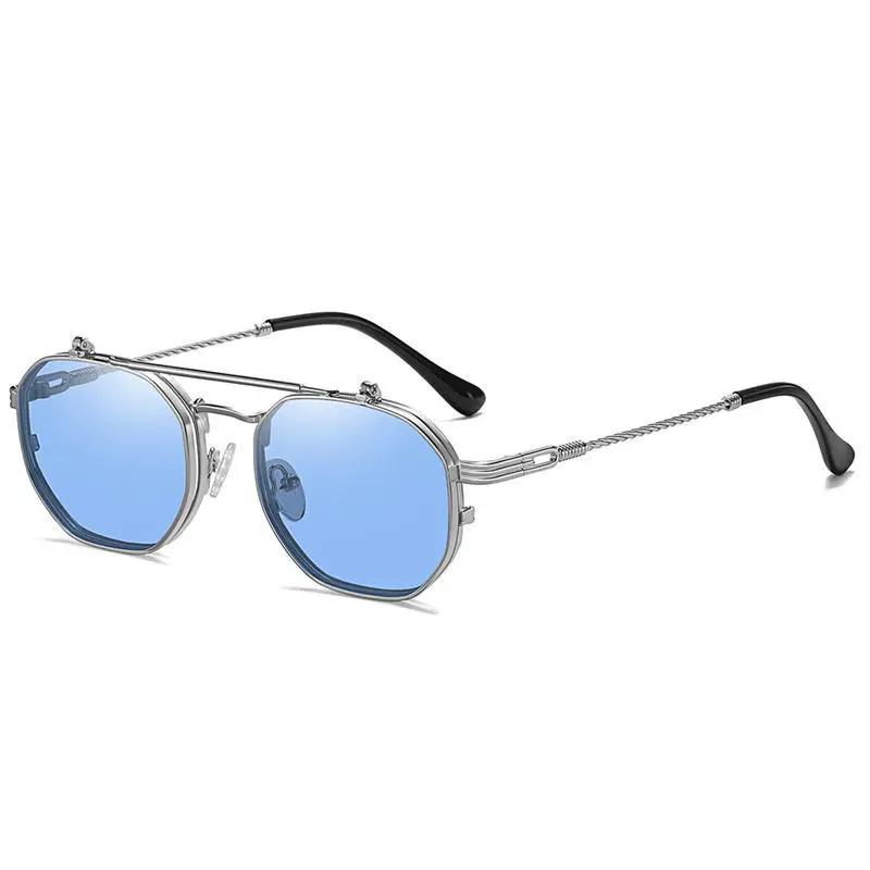 Vintage Steampunk Flip Pilot Sunglasses Retro Polygon Metal Sun Glasses For Men And Women Brand Designer Circle
