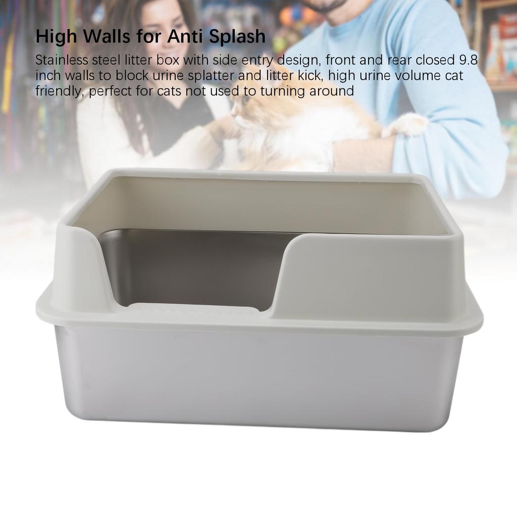 KIMISS Stainless Steel Cat Litter Box, Large Capacity, High Rim to Prevent Splashing, Open Top with Scoop, Semi-Enclosed, Metal, for Pets