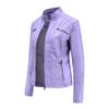 Women's Slim Fit Casual Leather Jacket with Stand Collar - Solid Color Spring/Autumn Outerwear