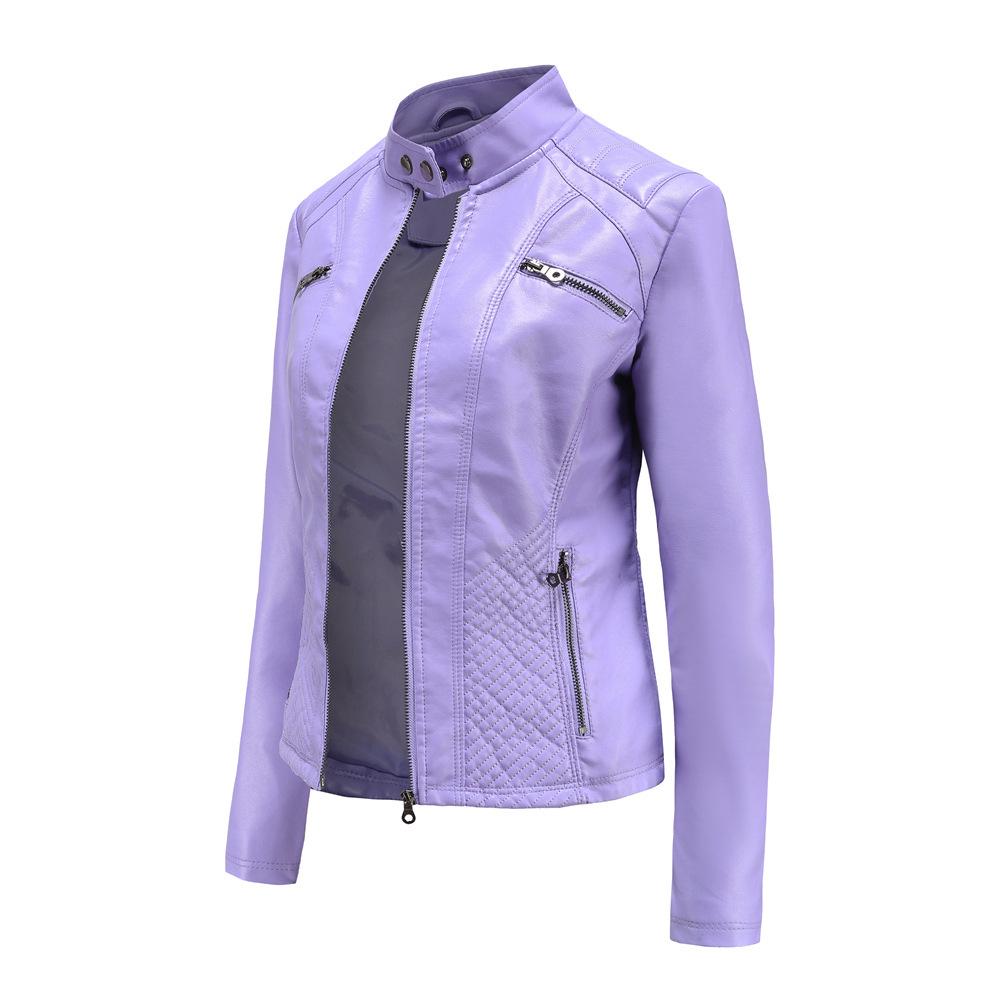 Women's Slim Fit Casual Leather Jacket with Stand Collar - Solid Color Spring/Autumn Outerwear